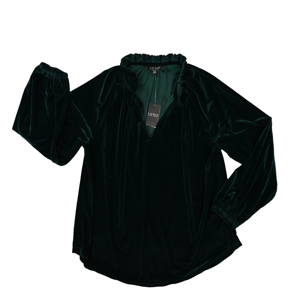 Lauren Ralph Lauren Black Label Green Velvet V Neck Blouse‎ Women's XL NWT